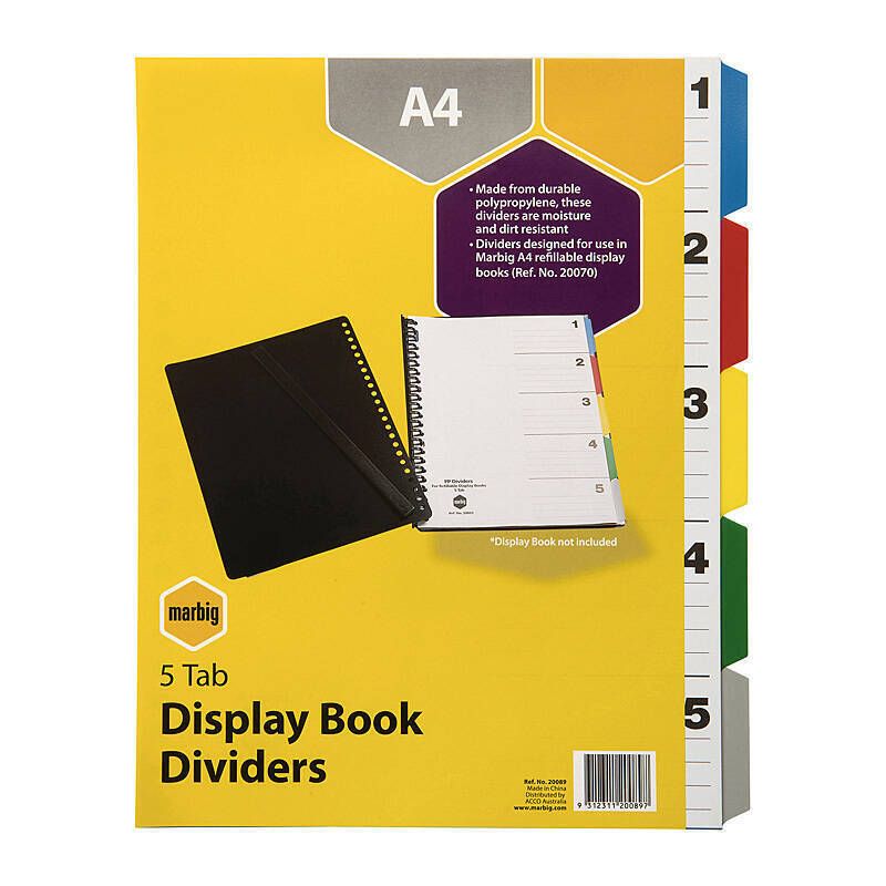 Marbig D/Book Indices &amp; Dividers 5 Tab PP A4 Multi