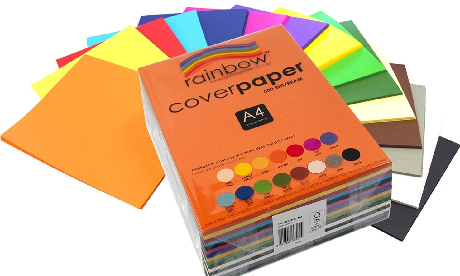 COVER PAPER RAINBOW A4 125GSM ASST COLOURS REAM