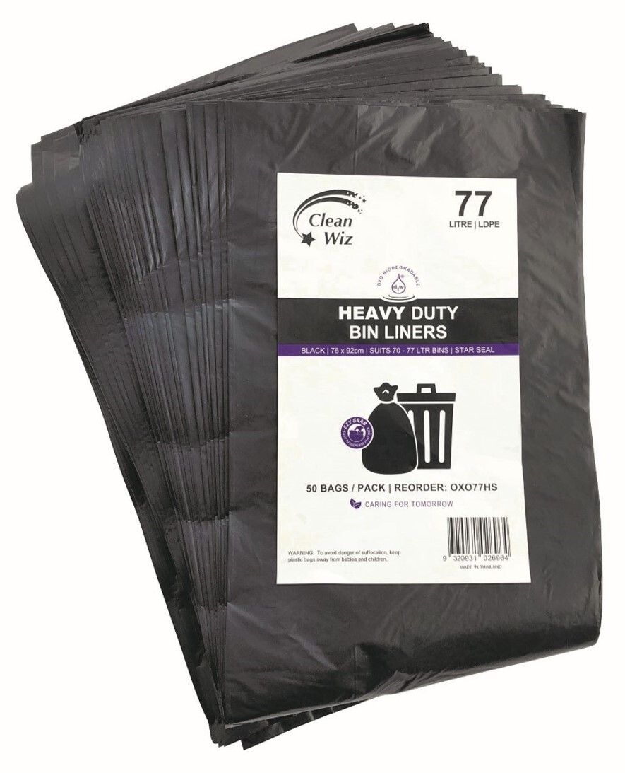 BIN LINER CLEAN WIZ 77L ECO OXO-BIODEGRADABLE HEAVY DUTY STAR SEAL BLK PK50 BIN LINER CLEAN WIZ 77L ECO OXO-BIODEGRADABLE HEAVY DUTY STAR SEAL BLK PK50