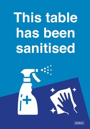 SP- TENTï¿½STAND DURUS 100MMX150MM THIS TABLE HAS BEEN SANITISED BLUE & GREEN