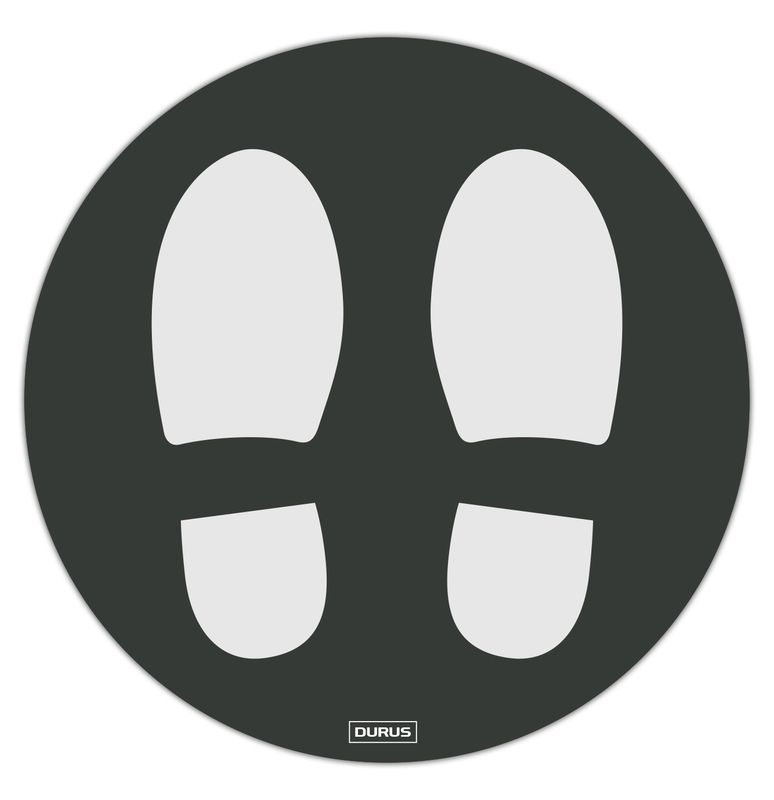 ADHESIVE DURUS 250MM DIAMETER FLOOR SHOE PRINTS CHARCOAL ANDï¿½WHITE