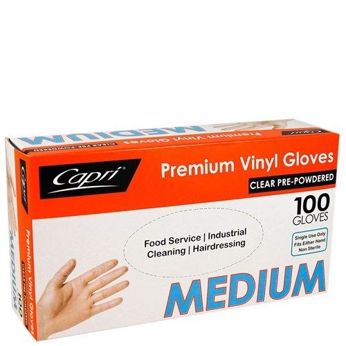 GLOVES CAPRI VINYL POWDERED CLEAR MEDIUM BX100