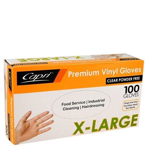 GLOVES CAPRI VINYL POWDER FREE CLEAR EXTRA LARGE BX100 GLOVES CAPRI VINYL POWDER FREE CLEAR EXTRA LARGE BX100