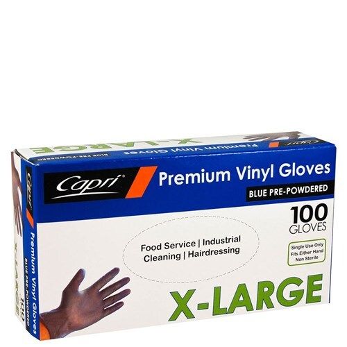 GLOVES CAPRI VINYL POWDERED BLUE EXTRA LARGE BX100 GLOVES CAPRI VINYL POWDERED BLUE EXTRA LARGE BX100