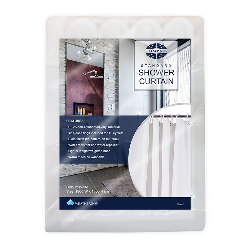 SP- SHOWER CURTAIN COMPASS PEVA WITH RINGS WHITE