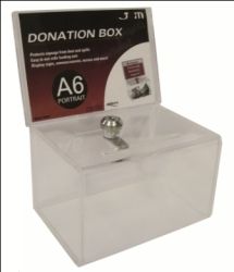 DONATION BOX DEFLECT-O A6 L/SCAPE LOCKABLE WITH HEADER CLEAR DONATION BOX DEFLECT-O A6 L/SCAPE LOCKABLE WITH HEADER CLEAR