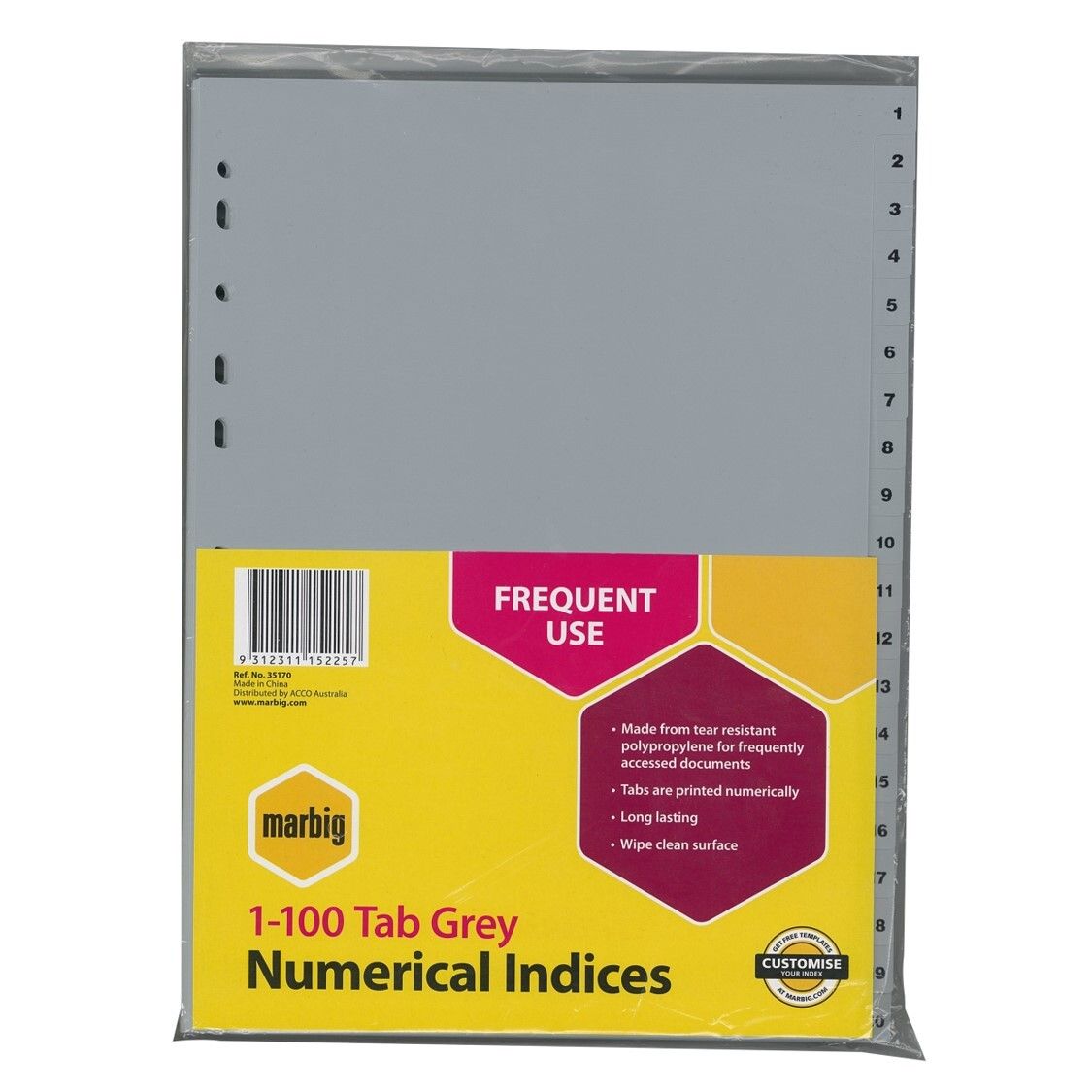 SP- DIVIDERS MARBIG A4 PP 1-100 GREY