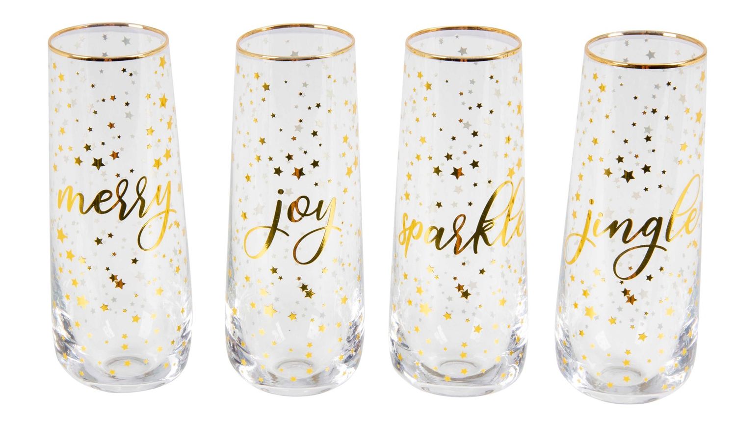 GLASSES XMAS BUBBLY GOLD STEMLESS ASST