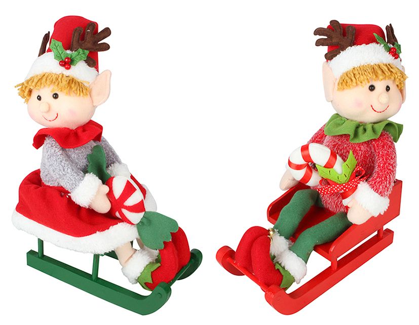 ELF XMAS 43X23X16CM ON A SLED 2 ASST