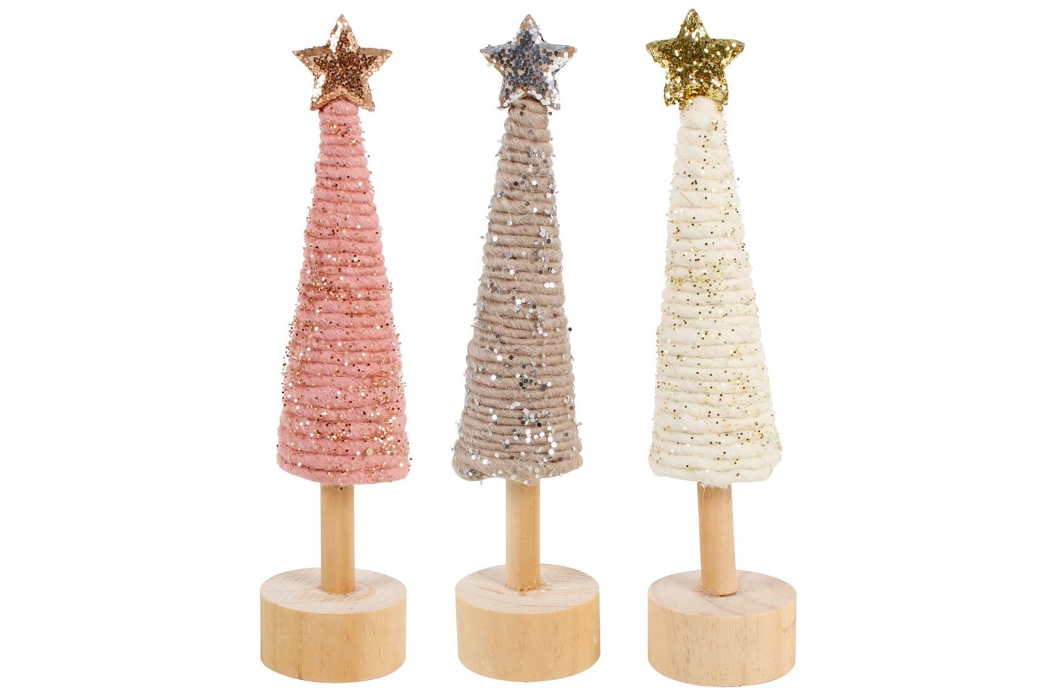 DECO WOODEN XMAS 26CM TREE W GLITTER WOOL ASST