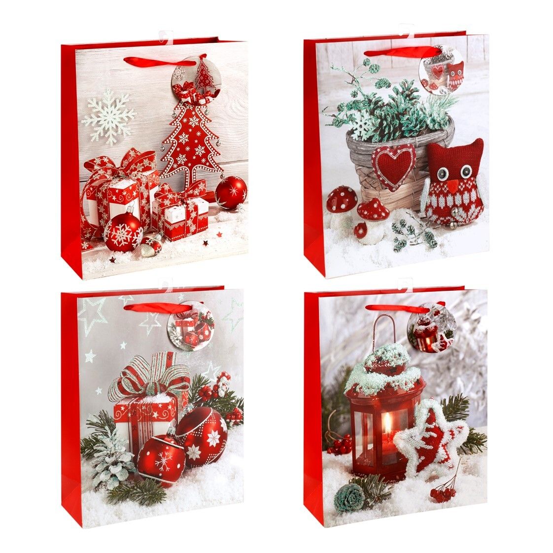 GIFT BAG XMAS 180X240X80MM MEDIUM RED/GREY WITH WHITE GLITTER 4 ASST