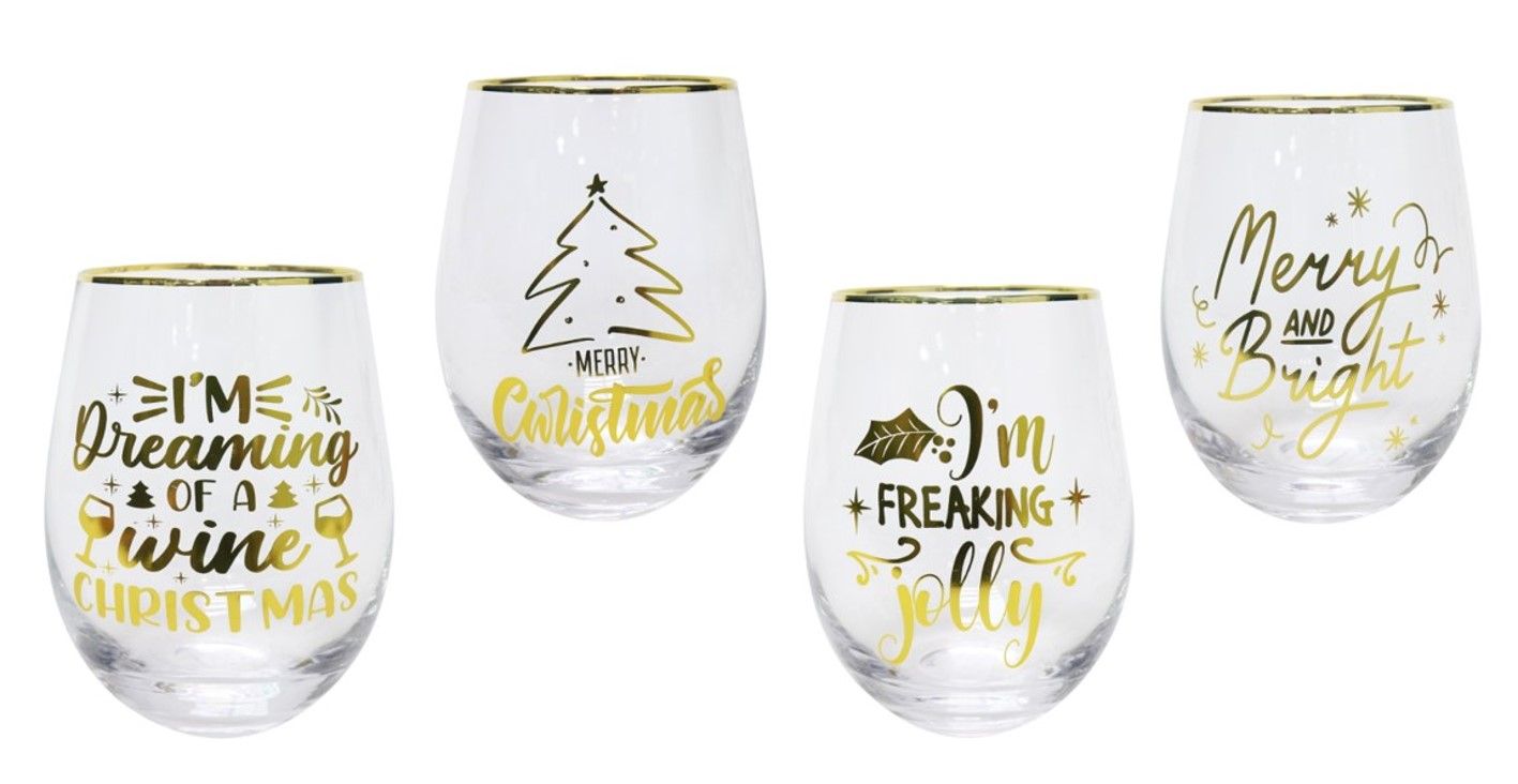 GLASSES XMAS 550ML STEMLESS GOLD ASST