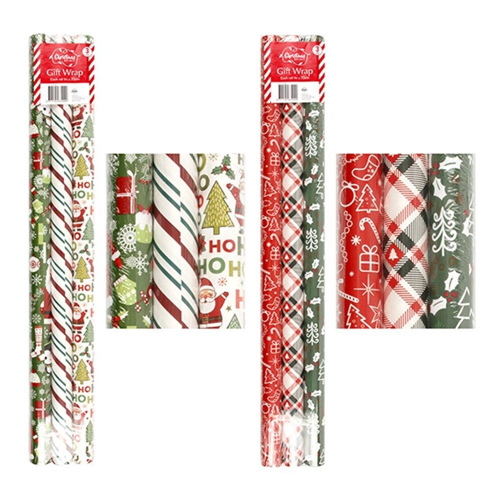 WRAP XMAS 1MX70CM 3PK 3 DESIGNS PER PACK 2 ASST