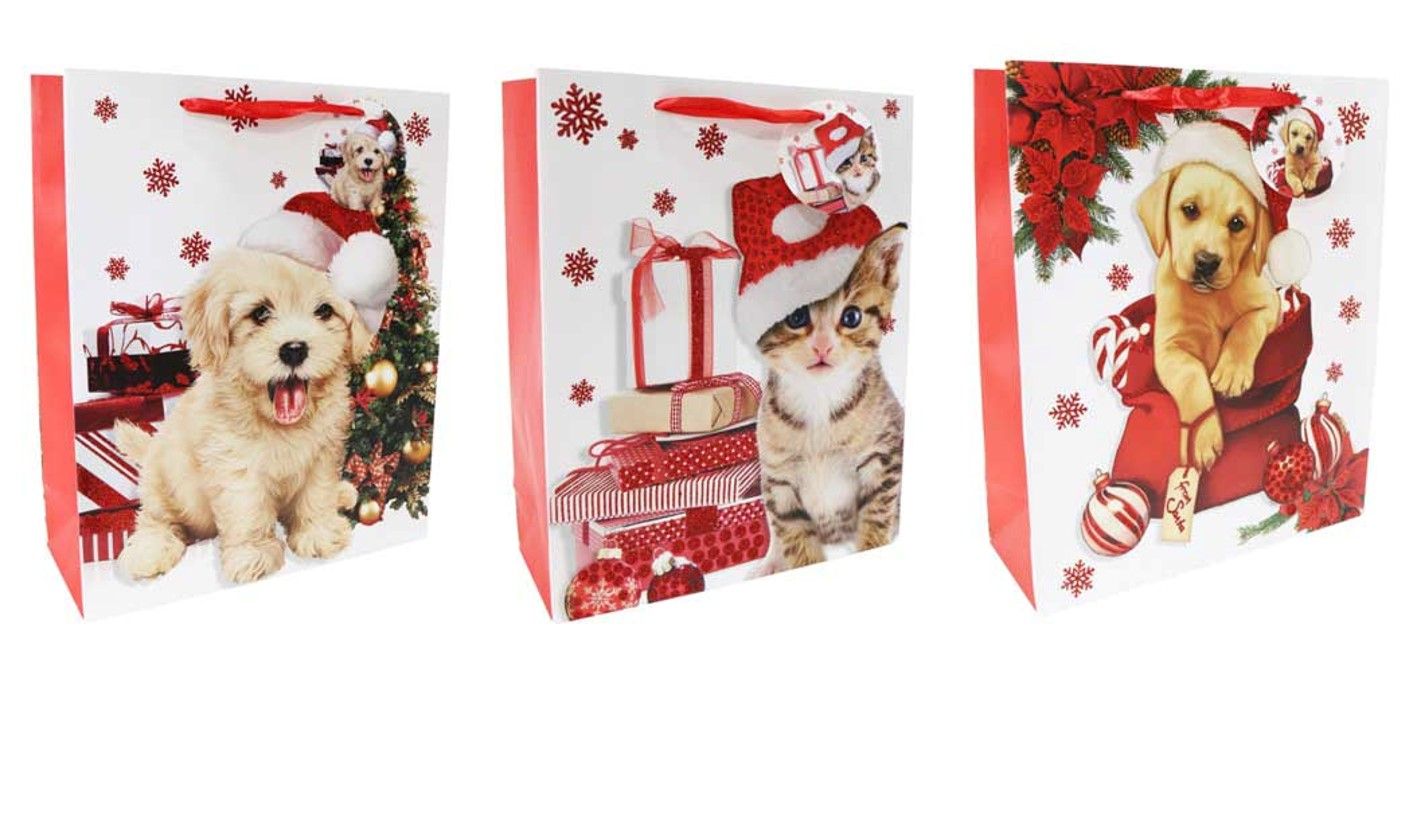 GIFT BAG XMAS 26X32X10CM LARGE PETS RED GLITTER ASST