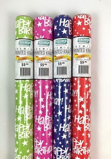 WRAPPING PAPER OZCORP 76CMX3M BIRTHDAY THEME ASSORT 4 COLOURS WRAPPING PAPER OZCORP 76CMX3M BIRTHDAY THEME ASSORT 4 COLOURS