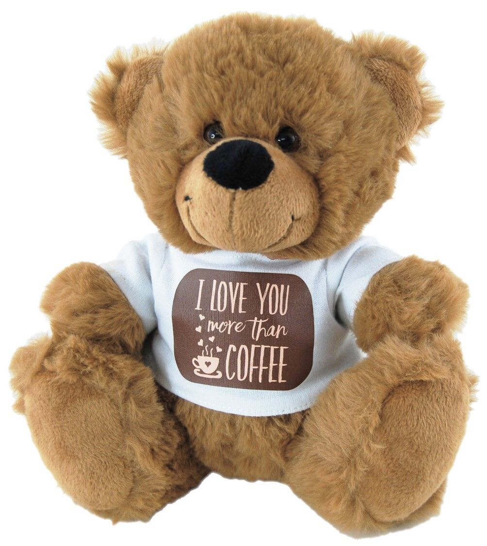 SOFT TOY ELKA 18CM BEAR MORE THAN COFFEE TSHIRT BROWN