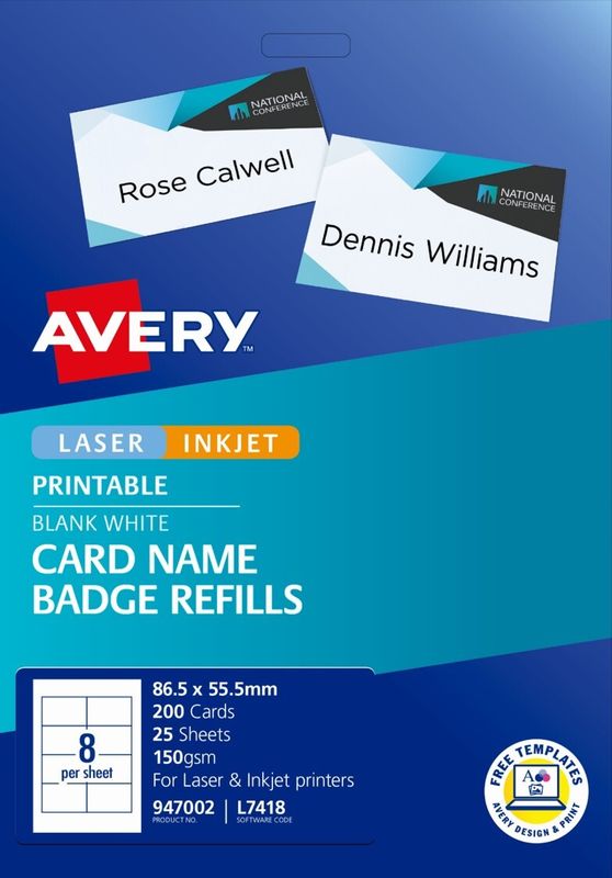 LABEL AVERY LASER L7418 NAME BADGE KIT REFILL 8UP PK25