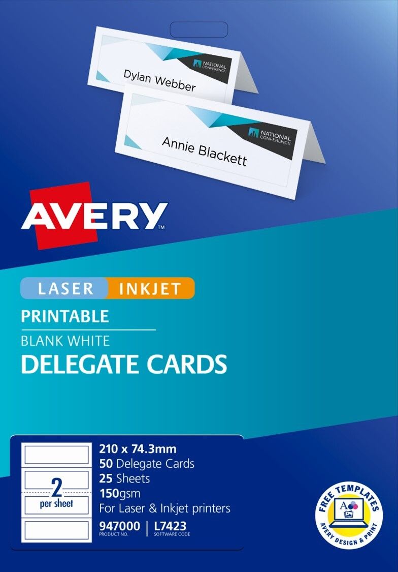 LABEL AVERY LASER L7423 DELEGATE CARD 2L 210X74.25MM 25'S