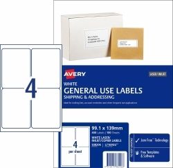 LABEL AVERY COPIER/LASER L7169GU 99.1X139 4UP BX100 LABEL AVERY COPIER/LASER L7169GU 99.1X139 4UP BX100