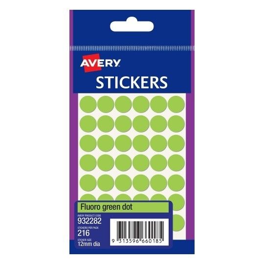 SP- LABEL AVERY F/P 12MM FLUORO GRN DOT 932282