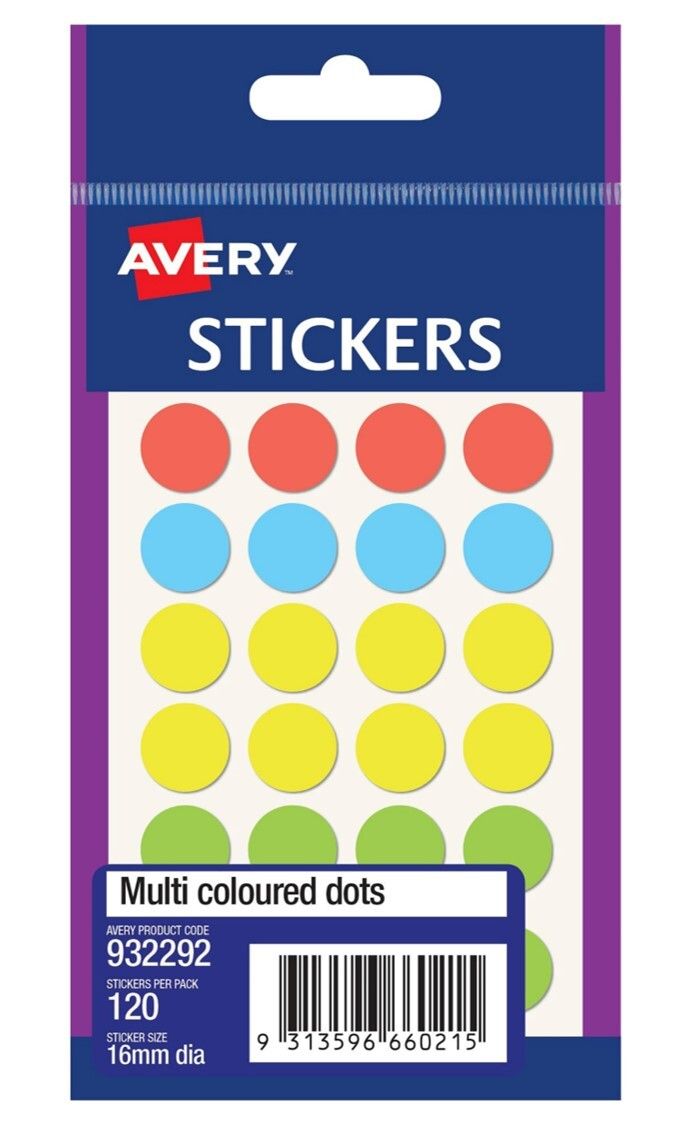 LABEL AVERY F/P #32292 16MM PERM DOT ASST