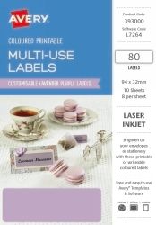 SP- LABEL AVERY 94X32 RECTANGULAR LASER 8UP LAVENDER PURPLE PK80 SP- LABEL AVERY 94X32 RECTANGULAR LASER 8UP LAVENDER PURPLE PK80