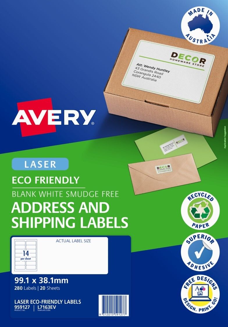 LABEL AVERY 99.1X38.1MM 14UP LASER L7163EV ECO FRIENDLY WHITE PK20 LABEL AVERY 99.1X38.1MM 14UP LASER L7163EV ECO FRIENDLY WHITE PK20