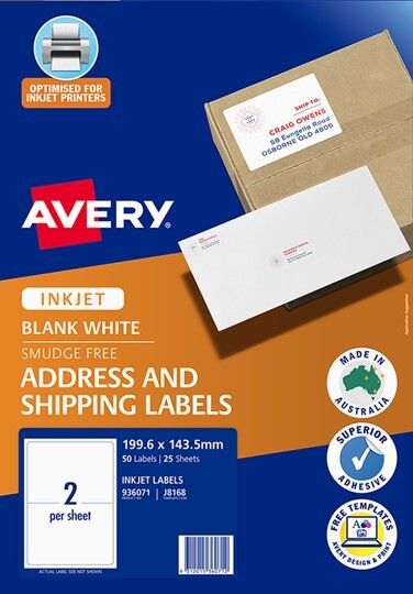 LABEL AVERY FSC INKJET J8168R SHIPPING 2UP 936021 PK25 LABEL AVERY FSC INKJET J8168R SHIPPING 2UP 936021 PK25