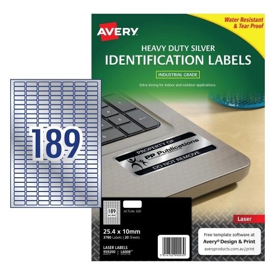 LABEL AVERY LASER L6008 SILVER H/DUTY 25.4X10MM 189UP PK20 LABEL AVERY LASER L6008 SILVER H/DUTY 25.4X10MM 189UP PK20