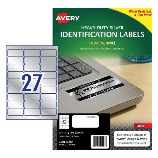 LABEL AVERY LASER L6011 H/DUTY SILVER 27UP PKT20 LABEL AVERY LASER L6011 H/DUTY SILVER 27UP PKT20