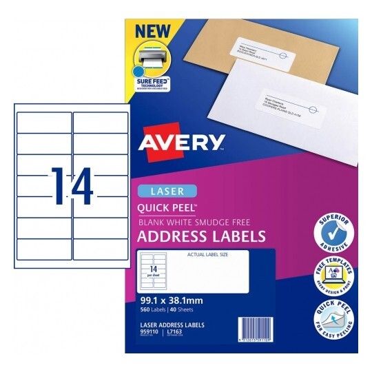 LABEL AVERY 99.1X33.8MM L7163 LASER QUICK PEEL ADDRESS 14UP PK40