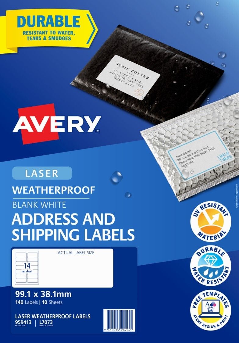 ADDRESS LABEL AVERY 99.1 X 38.1MM WEATHERPROOF L7073 14UP WHITE 10 SHEE ADDRESS LABEL AVERY 99.1 X 38.1MM WEATHERPROOF L7073 14UP WHITE 10 SHEE