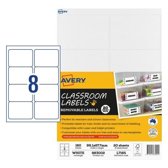 LABELS AVERY CLASSROOM REMOVABLE 99.1X67.7MM 8UP PK20 LABELS AVERY CLASSROOM REMOVABLE 99.1X67.7MM 8UP PK20
