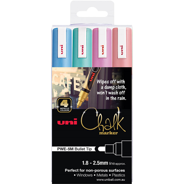 MARKER CHALK UNI 2.5MM TIP PWE-5M ASSORTED 4
