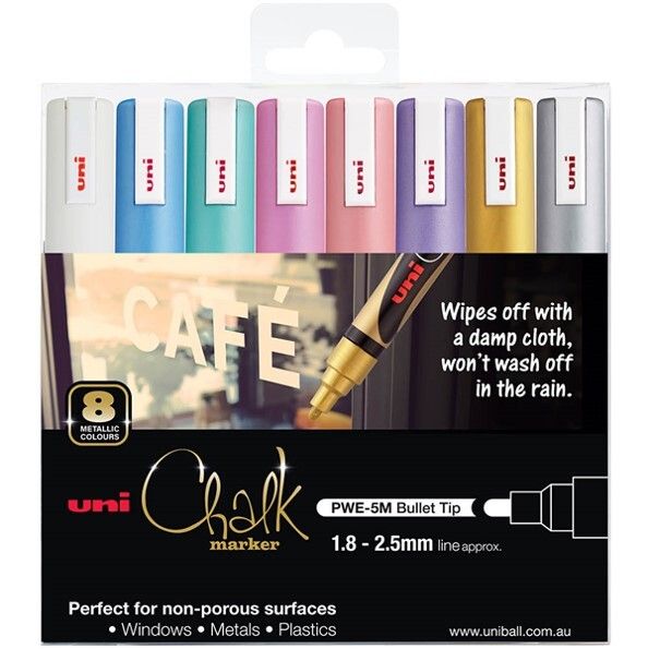 MARKER CHALK UNI 2.5MM TIP PWE-5M ASSORTED 8 MARKER CHALK UNI 2.5MM TIP PWE-5M ASSORTED 8