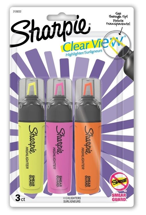 SP- HIGHLIGHTER SHARPIE CLEARVIEW YELOW PINK ORNGE PK3