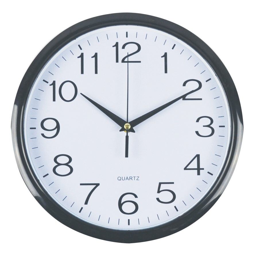 CLOCK ITALPLAST 30CM WALL PLASTIC WHITE FACE/BLACK TRIM CLOCK ITALPLAST 30CM WALL PLASTIC WHITE FACE/BLACK TRIM