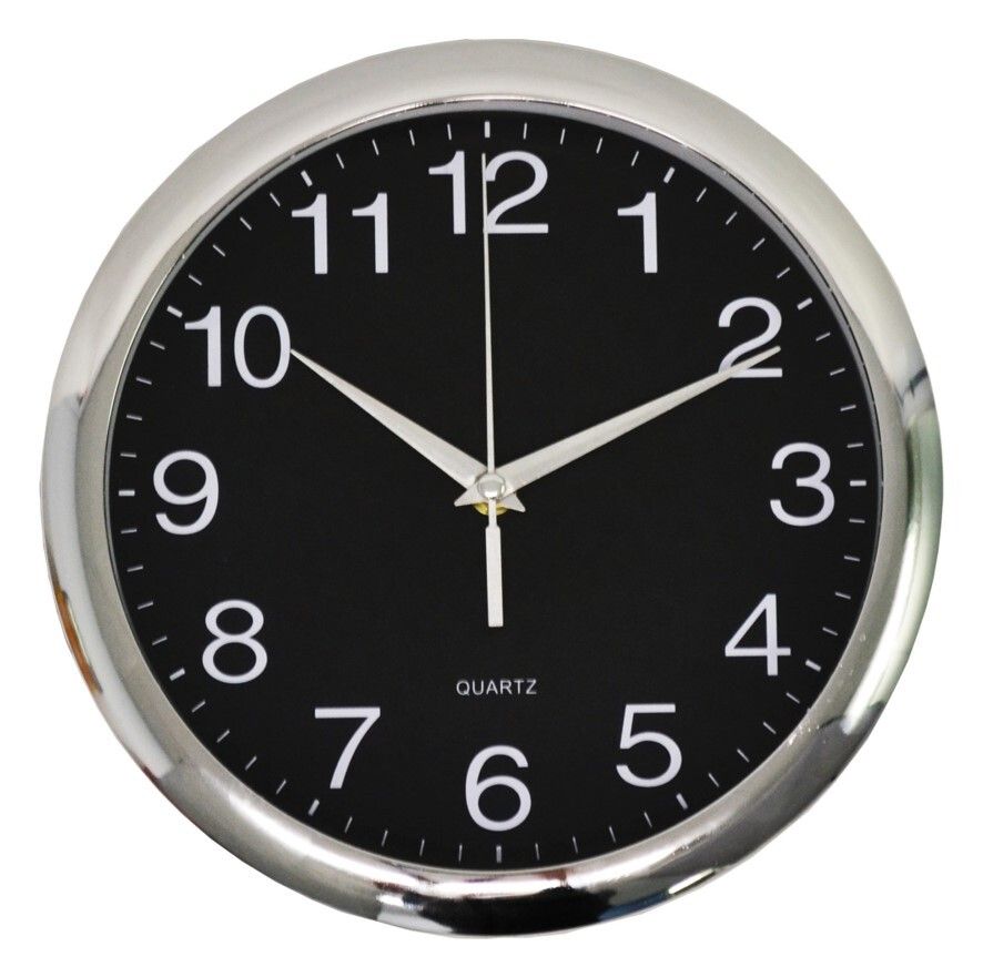 CLOCK ITALPLAST 30CM WALL BLACK FACE/CHROME TRIM CLOCK ITALPLAST 30CM WALL BLACK FACE/CHROME TRIM