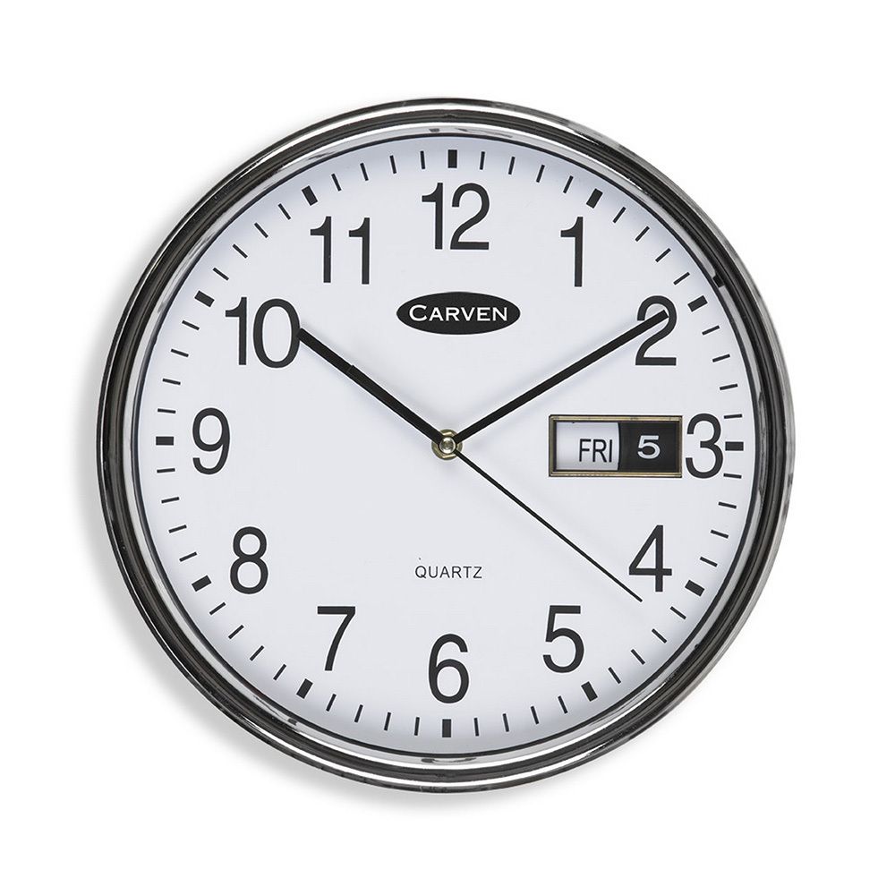 SP- WALL CLOCK CARVEN 285MM WITH DATE SILVER RIM SP- WALL CLOCK CARVEN 285MM WITH DATE SILVER RIM