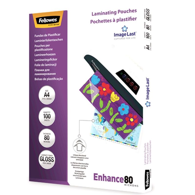 LAMINATING POUCHES FELLOWES A4 80 MICRON GLOSS PK100
