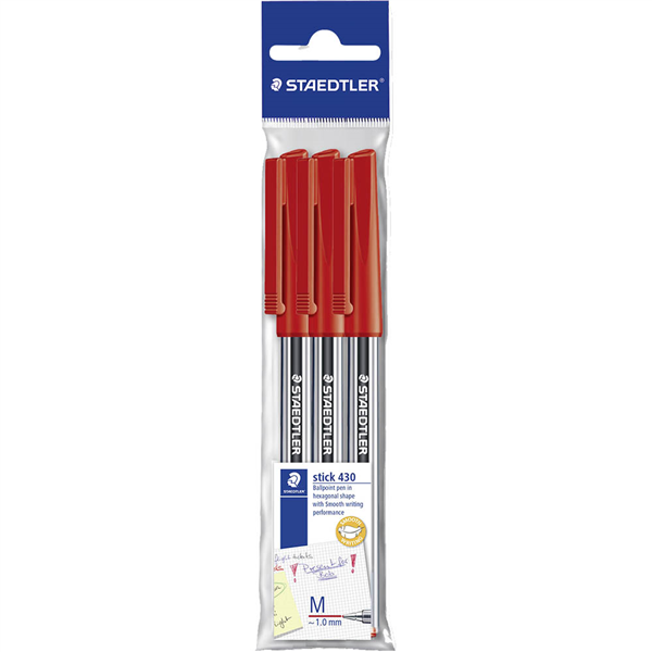 PEN STAEDTLER BP STICK 430 MED POLYBAG 3 RED