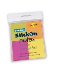 STICK ON NOTES B/TONE 38X50MM NEON COLS PK4