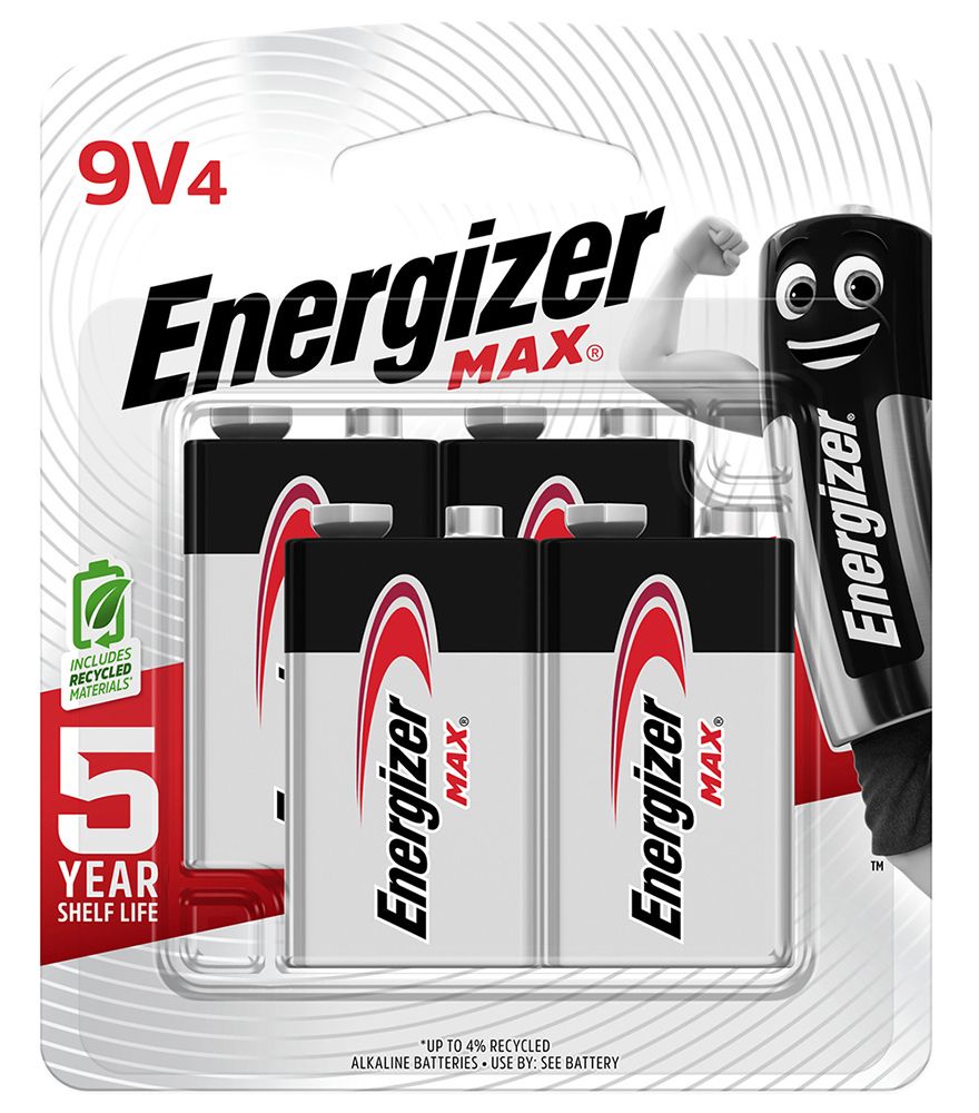 BATTERY ENERGIZER MAX ALKALINE 9V RED PK 4