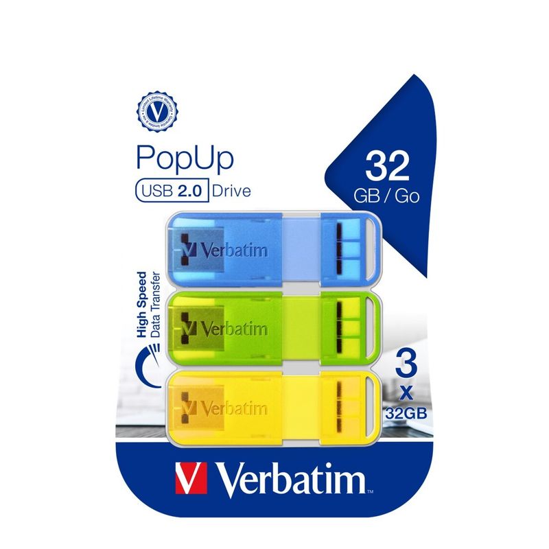 USB DRIVE VERBATIM POP UP 2.0 32GB ASSORT BRIGHTS PK3