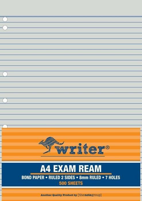 EXAM PAPER WRITER A4 55GSM PAPER 8MM RULED WITH MARGIN 7 HOLE PUNCHED R EXAM PAPER WRITER A4 55GSM PAPER 8MM RULED WITH MARGIN 7 HOLE PUNCHED R