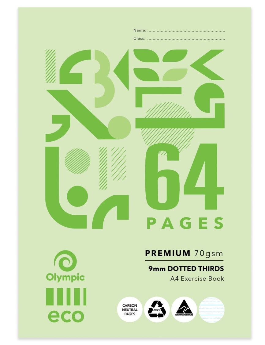 EXERCISE BOOK OLYMPIC A4 ECO RECYCLED 9MM DOTTED THIRDS D964P 64PG EXERCISE BOOK OLYMPIC A4 ECO RECYCLED 9MM DOTTED THIRDS D964P 64PG