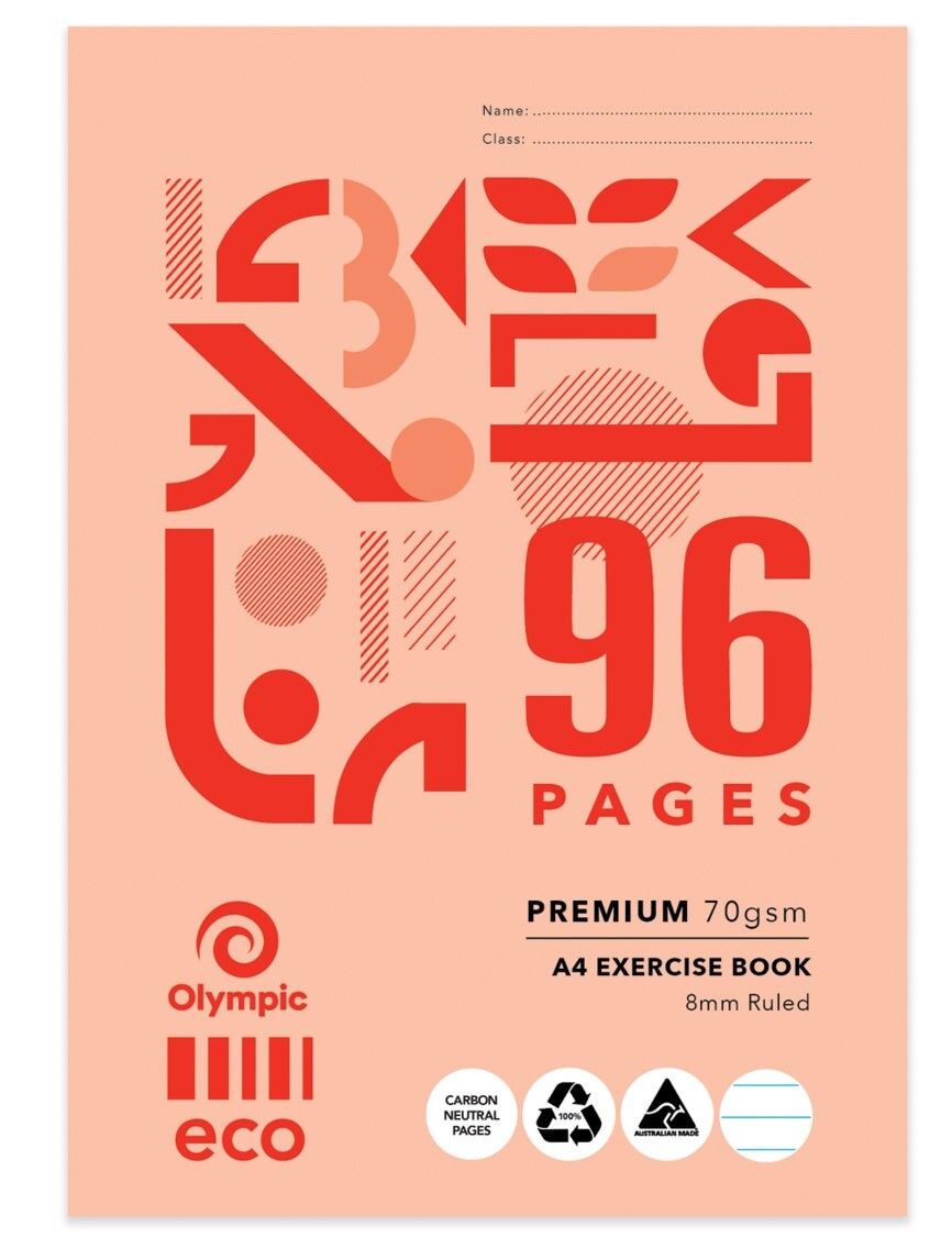 EXERCISE BOOK OLYMPIC ECO A4 8MM RULED 96PG