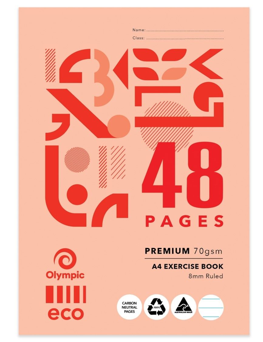 EXERCISE BOOK OLYMPIC ECO A4 8MM RULED W/- MARGIN 48PG