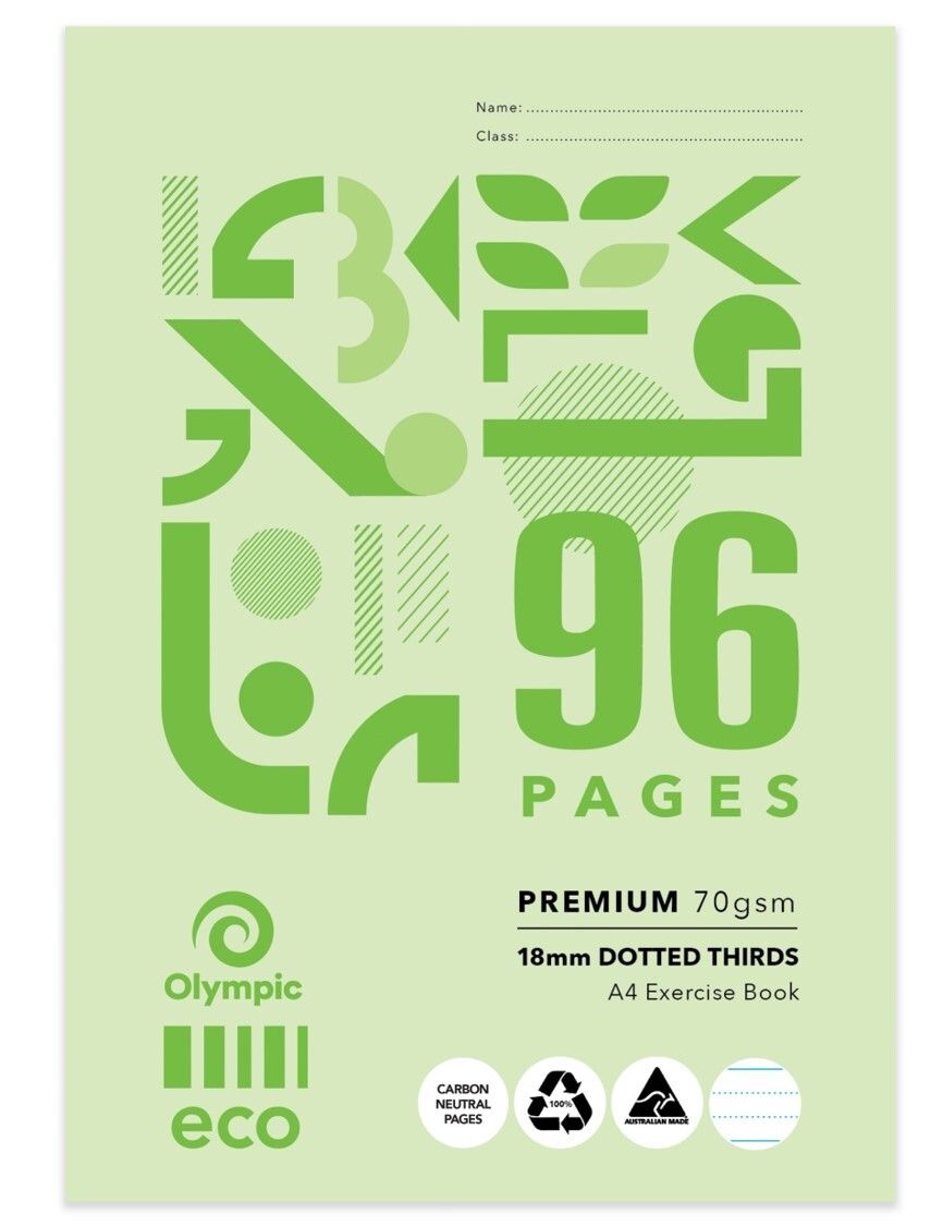 EXERCISE BOOK OLYMPIC A4 ECO RECYCLED 18MM DOTTED THIRDS D189P 96PG