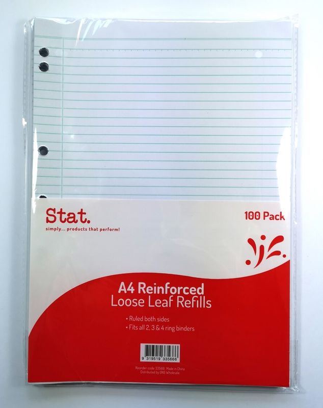 LOOSE LEAF REINFORCED REFILLS STAT A4 RULED PK100